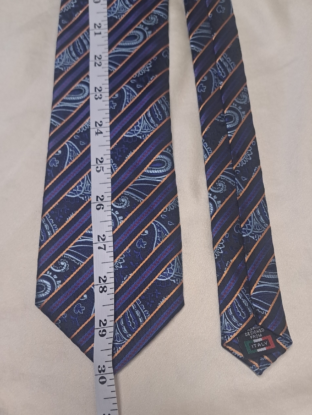 GIANFRANCO  ITALY Stylish Striped Tie -Muti-color Blue , Black , Orange and Grey - Picture 4 of 6